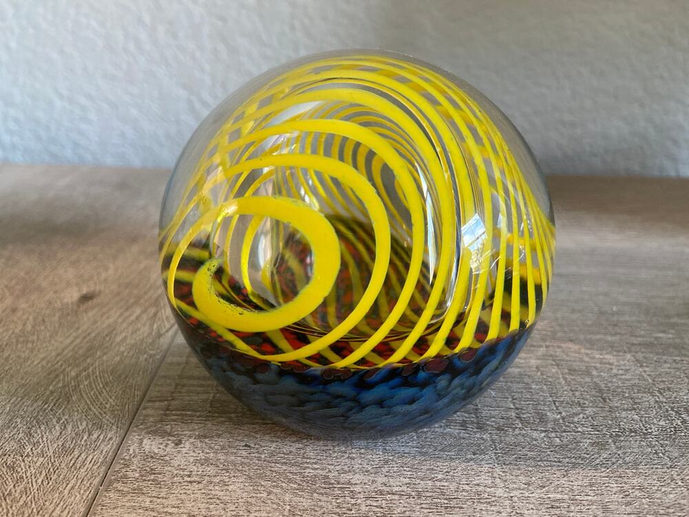 Vintage Lindsey Art Glass Studio 2001 Paperweight Art Glass Vibrant Yellow Swirl